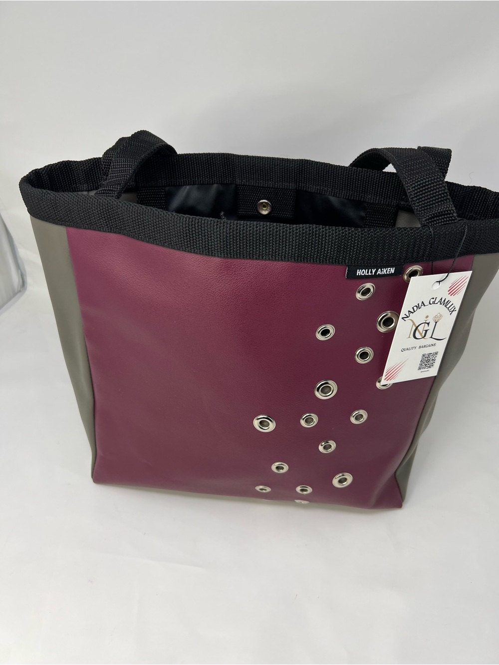 Holly Aiken Plum and Olive Eyelet vegan leather Tote bag
